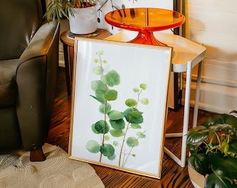 Eucalyptus Watercolor Botanical Print, Minimal Green Foliage Wall Art for Farmhouse, Modern Boho, or Scandinavian Nature-Inspired Decor