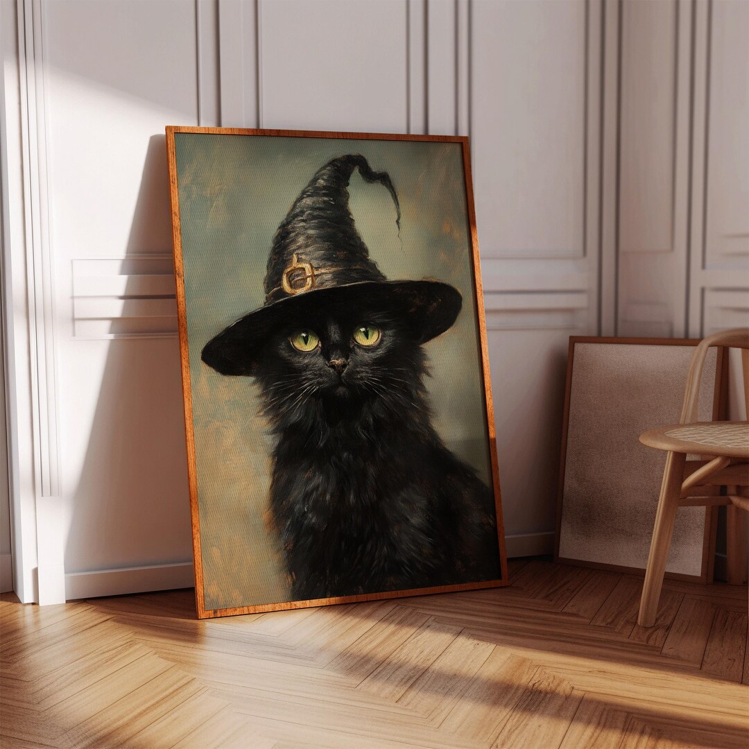 Black Cat Witch Portrait – Vintage Halloween Wall Art, Gothic Witchy ...