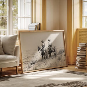 Cowboys zu Pferd Leinwand Kunst, Western Line Art, Rustikale Ranch Dekor, Schwarzweiße Cowboy Zeichnung