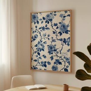 Arte en lienzo con rosas azules, decoración de pared con motivos florales vintage, estampado botánico clásico, elegante arte floral azul y blanco para el hogar, estilo cottagecore