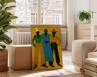 May include: A framed art print featuring a stylized illustration of three figures. The figures are depicted in solid colors: green, yellow, blue, and black, against a yellow background. The artwork is displayed in a well-lit room with a window and a plant.