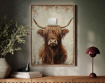 Highland Cow Bathroom Canvas Art, Funny Rustic Farmhouse Decor, Toilet Paper Highland Cow Print for Country Wall Decor