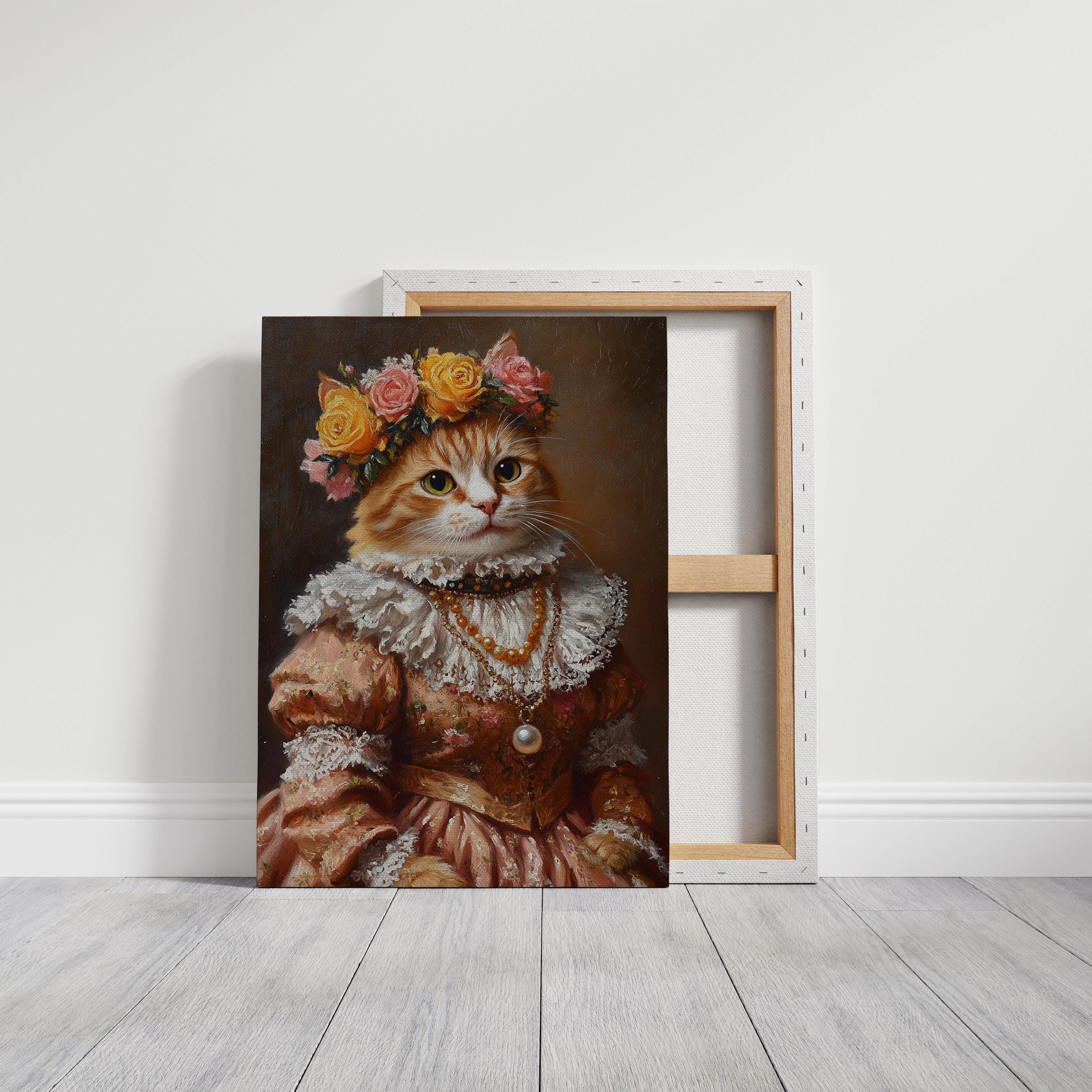 ビクトリア朝の衣装を着た高貴な猫の肖像画 - エレガントなレースの