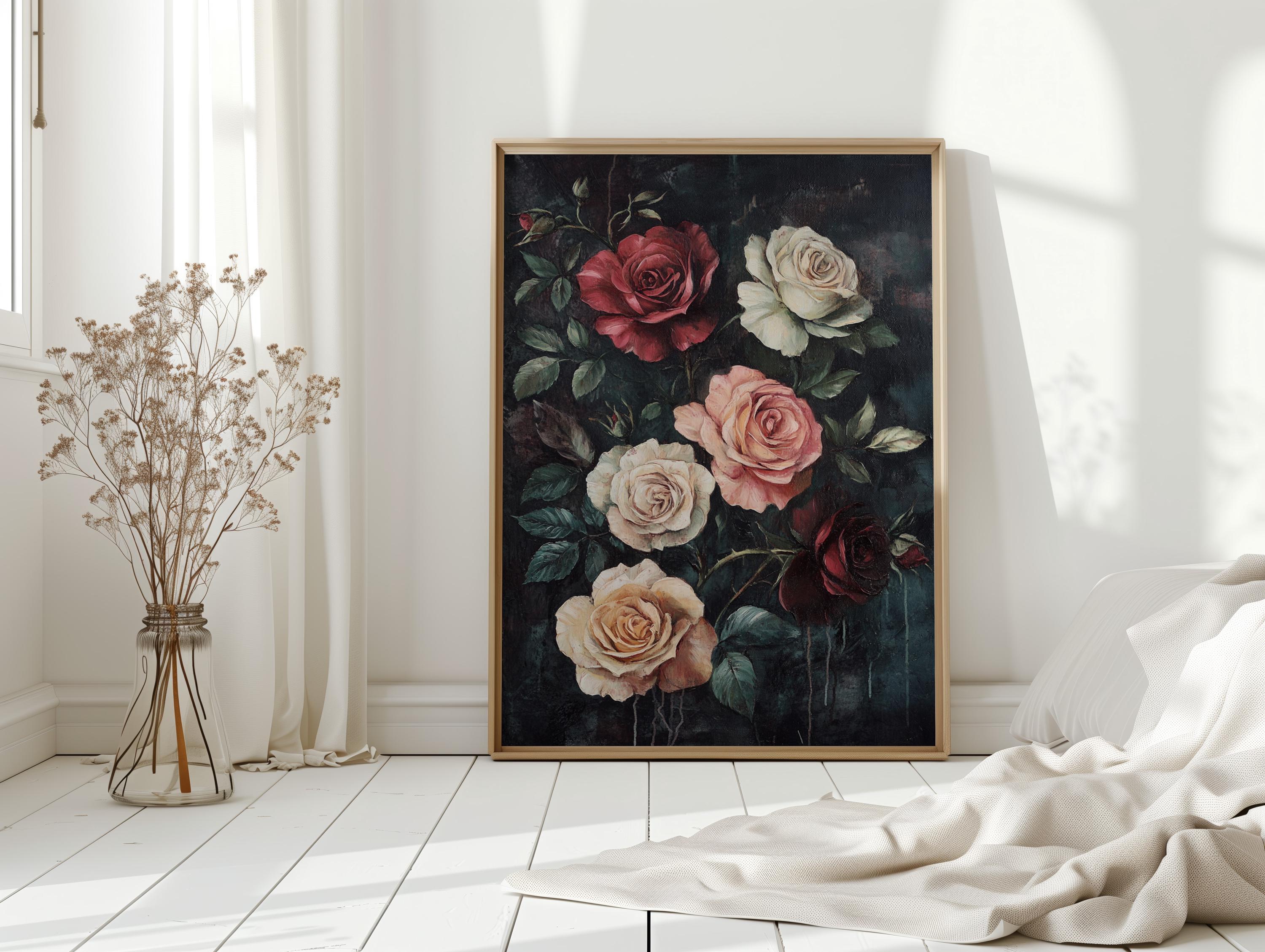 Vintage Rose Bouquet Wall Art – Antique Floral Canvas With Red