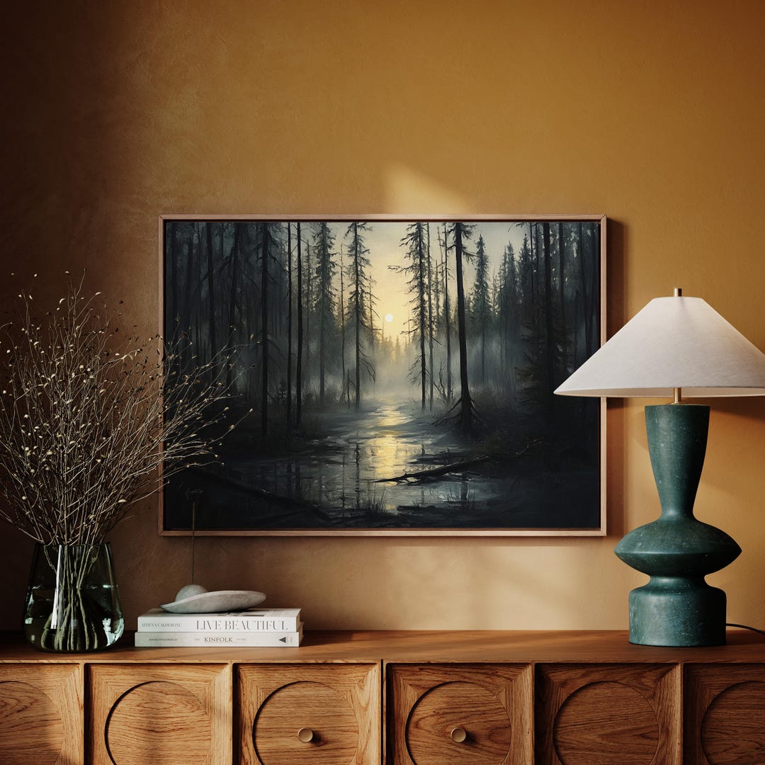 Misty Forest Sunrise Canvas Wall Art – Dark Woodland Trees, Golden ...