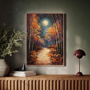 Herbstwaldweg mit Vollmond - Leinwanddruck - Lebhaftes Herbstlaub und Sternenhimmel, rustikale, von der Natur inspirierte Wanddekoration für ein gemütliches Zuhause