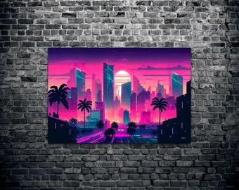 Downtown Miami Synthwave Lofi Vaporwave Canvas Wall Art