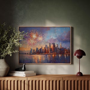 City Skyline Canvas Wall Art With Fireworks, Vibrant Night Cityscape Painting, Modern Wall Decor, Urban Skyline Canvas Print