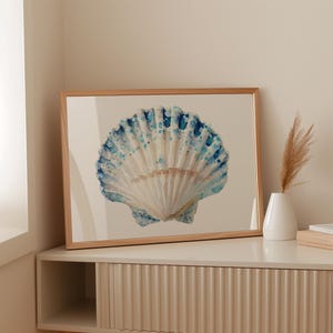 Blue Scallop Shell Watercolor Canvas | Coastal Beach House Wall Art with Bubble Details | Nautical Ocean Seashell Print in Cool Tones