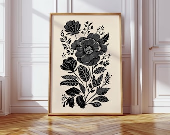 Black Floral Botanical Line Art Print – Bold Minimalist Wildflower Canvas Wall Decor in Monochrome Style for Modern, Boho or Nordic Spaces
