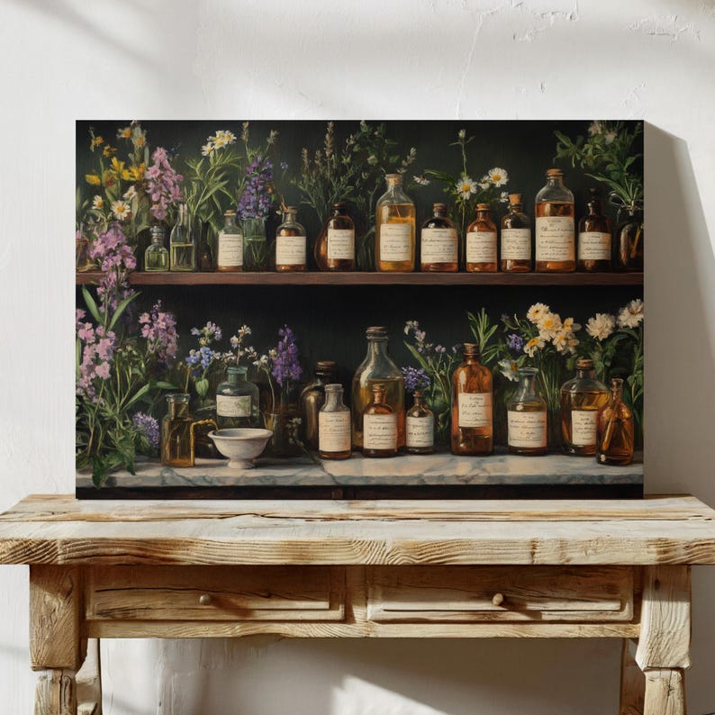May include: A vintage apothecary shelf with two tiers filled with glass bottles containing various liquids. The bottles are arranged in rows and are surrounded by dried flowers and herbs. The shelf is made of dark wood and has a rustic appearance.