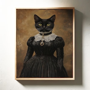 Regal Black Cat Portrait Canvas Wall Art in Victorian Dress - Sophisticated and Whimsical Artwork for Cat and Vintage Lovers