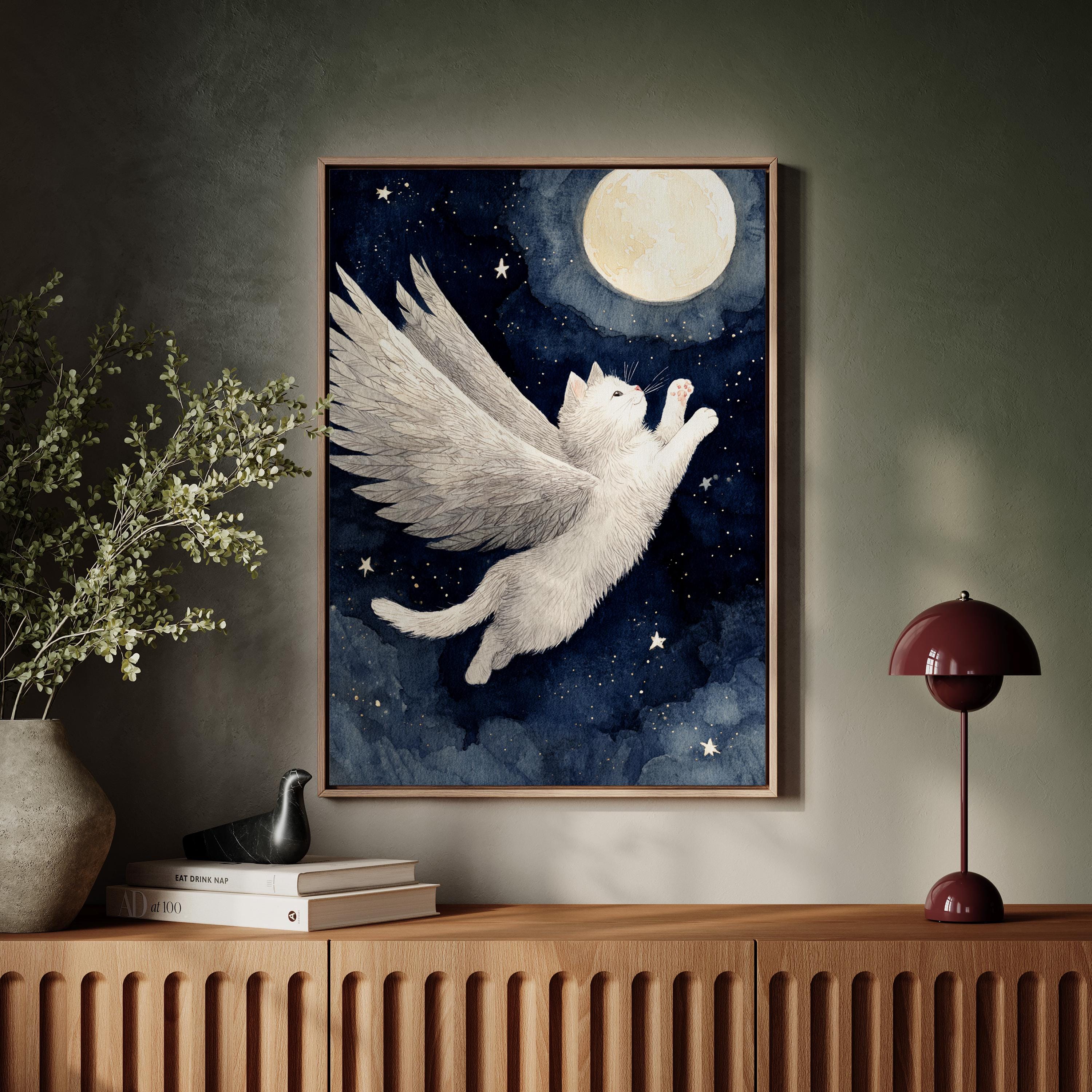 満月の下を飛ぶ天使猫 - Etsy 日本