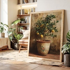 May include: A framed vintage-style painting of a lemon tree in a decorative pot. The tree has green leaves and several ripe yellow lemons. The pot is beige with floral designs. The background is a textured, muted brown.