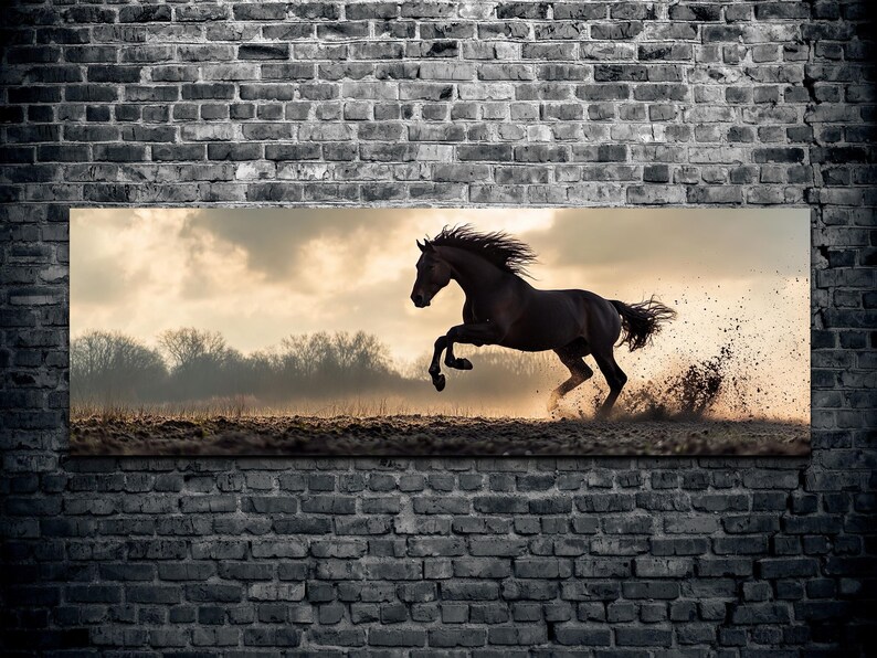 Black Stallion Ready to Hang Panoramic Canvas Wall Art Print, Horse Art, Horse Decor, Black and