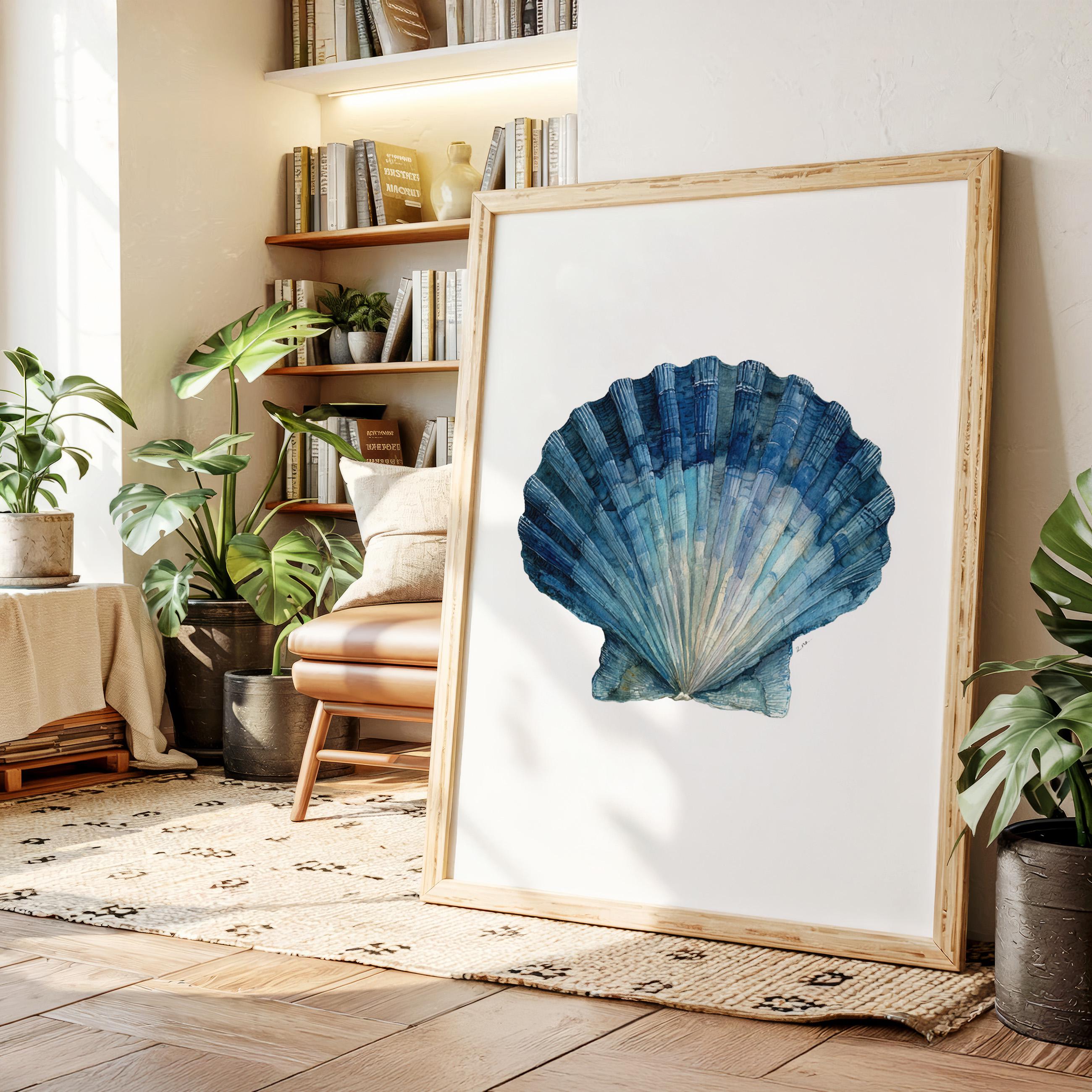 Blue Seashell Watercolor Wall Art, Coastal Beach Decor With Ocean Shell ...