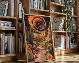 Surreal Desert Cactus Wall Art – Fiery Spiral Sky Southwest Landscape Poster, Vibrant Western Path with Flowers and Cactus Canvas Print
