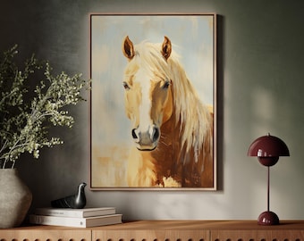 May include: A painting of a light brown horse with a white mane and a light blue background.