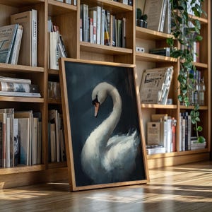 Stimmungsvoller weißer Schwan auf Leinwand - eleganter Vogel mit Pinselstrich-Textur auf dunkelblauem Hintergrund