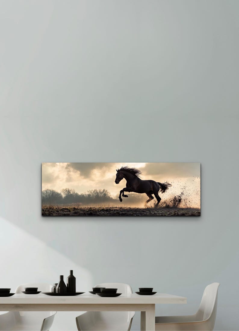 Black Stallion Ready to Hang Panoramic Canvas Wall Art Print, Horse Art, Horse Decor, Black and