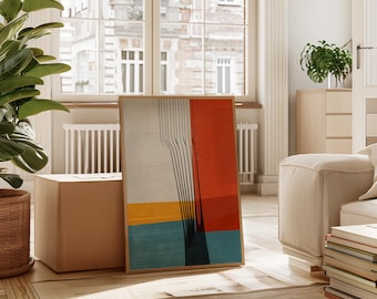 May include: A framed abstract art print featuring a color block design. The artwork includes a vertical section of black lines, a red section, and horizontal bands of yellow and teal. The frame is a light brown color.