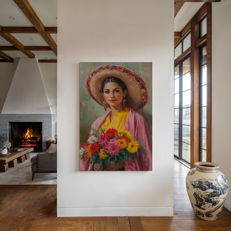 Mexicaans vrouwenportret - kleurrijke sombrero, levendig bloemenboeket, traditionele Mexicaanse kunstschilderij voor culturele muurdecoratie afbeelding 4