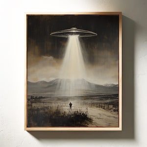 May include: A painting of a flying saucer hovering over a desolate landscape. A single figure walks away from the beam of light emanating from the saucer.