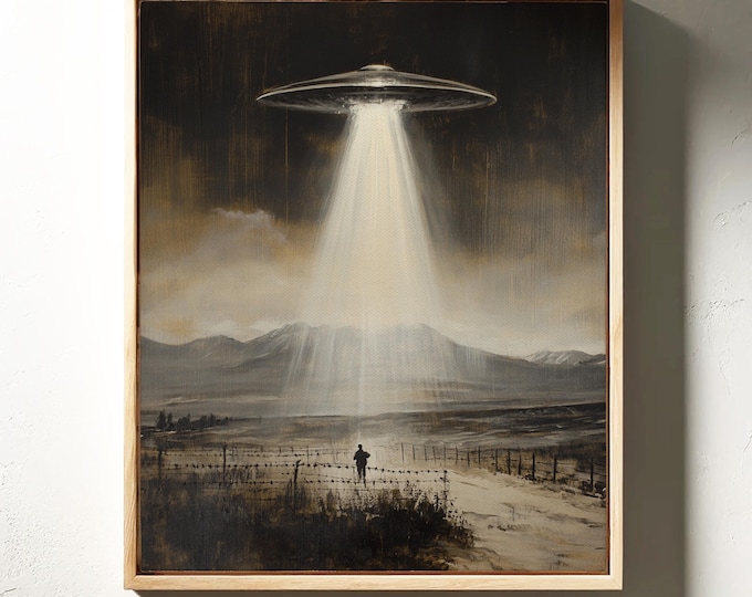 Sepia Alien Abduction Canvas Art - Mysterious UFO Encounter Wall Decor - Retro Sci-Fi Landscape for Extraterrestrial Enthusiasts