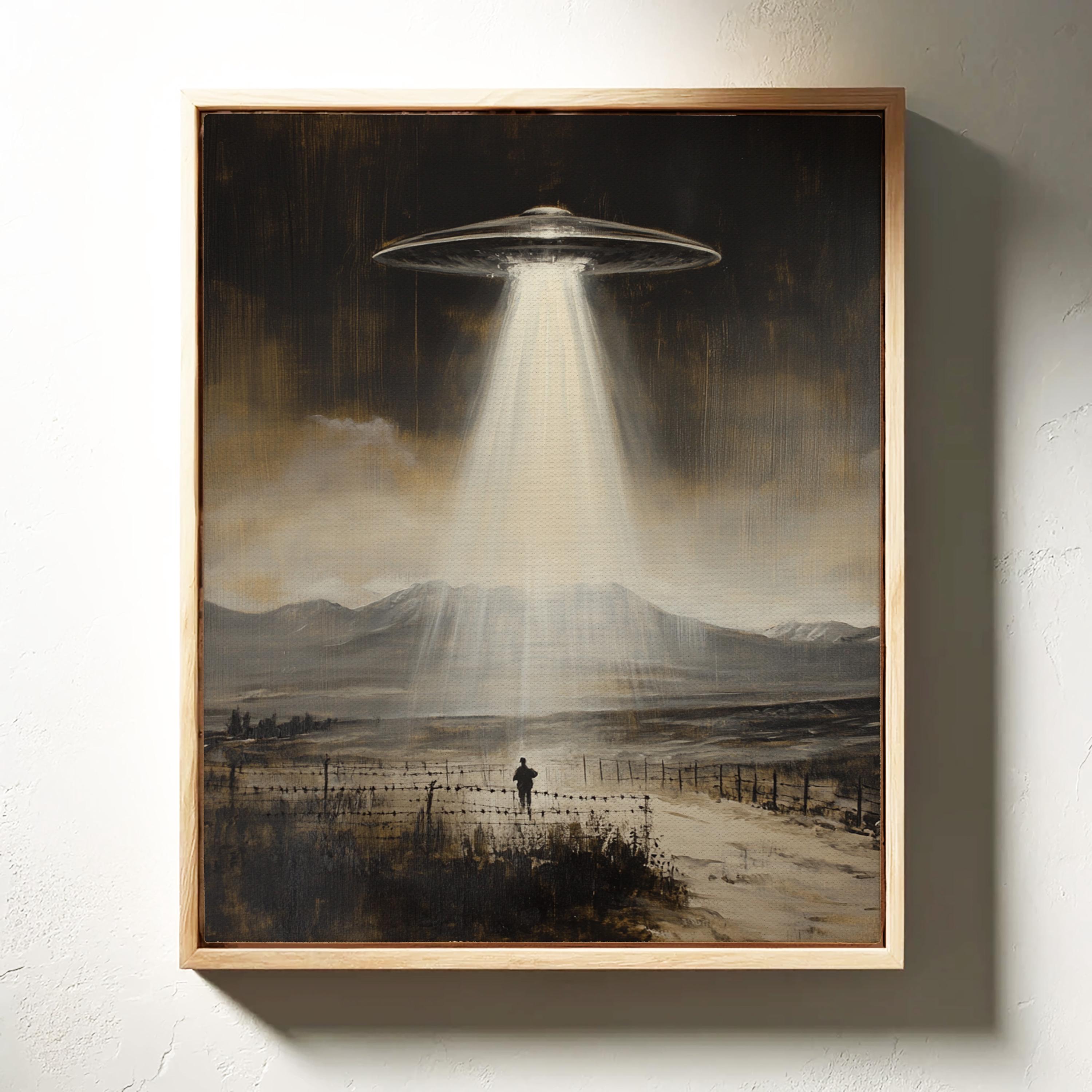 Sepia Alien Abduction Canvas Art - Mysterious UFO Encounter Wall