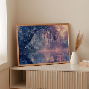Dreamy canvas wall art of a willow tree glowing with fireflies over tranquil water. Perfect magical forest decor for a serene, enchanting home atmosphere.