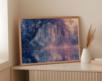Mystische Weidenbaum Leinwand Wandkunst mit Glühwürmchen über Wasser, Verträumte Wald Landschaftsmalerei, Magische Natur Dekoration