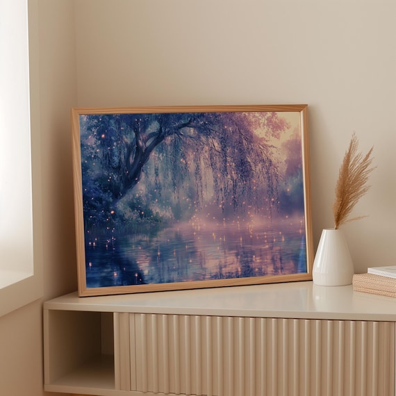Mystical Willow Tree Canvas Wall Art With Fireflies Over Water, Dreamy Enchanted Forest Landscape Painting, Magical Nature Decor