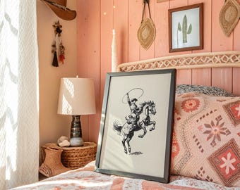 Cowboy, der zu Pferd eine Vintage Western-Skizze trägt