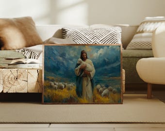 Jesus Good Shepherd Canvas Wall Art, Christ Holding Lamb Painting, Christian Religious Home Décor, Inspirational Faith Artwork