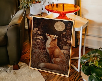 Fox Under Full Moon Canvas Wall Art, Rustic Woodland Animal Painting with Night Sky and Wildflowers, Nature Inspired Home Décor Artwork