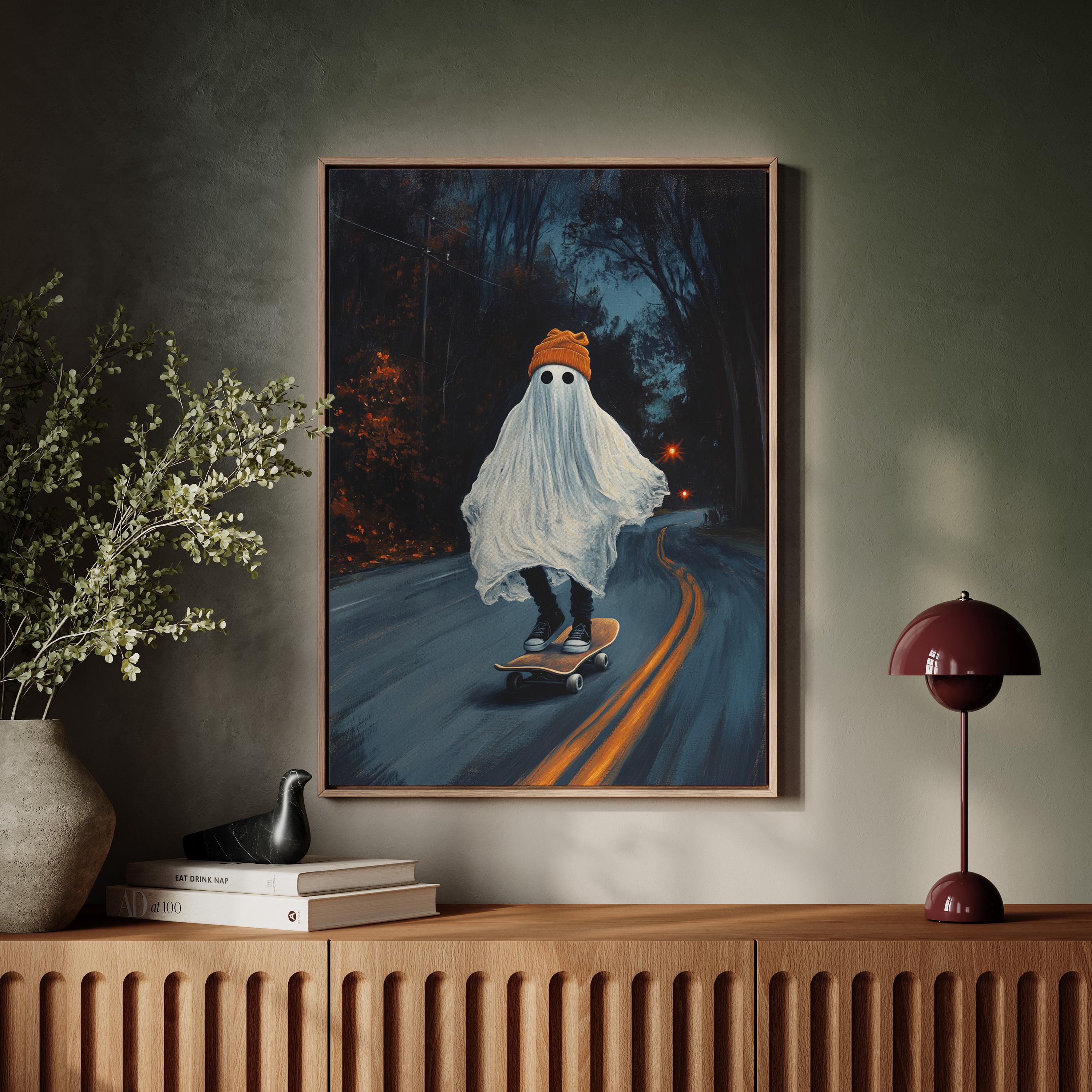 Skateboarding Ghost Canvas Wall Art | Cool Halloween Print With