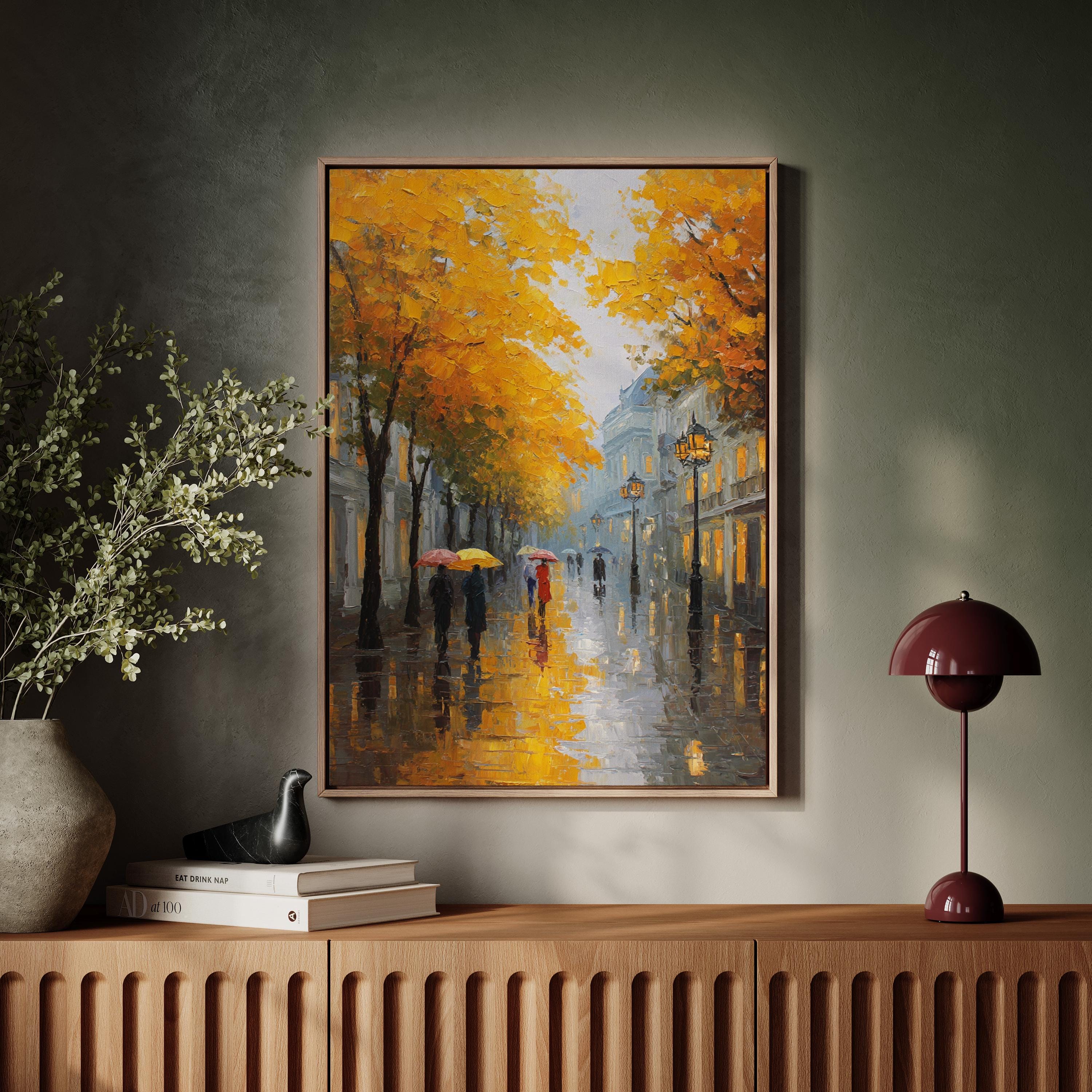 Autumn City Street Painting | Romantic Rainy Canvas Wall Art - Etsy