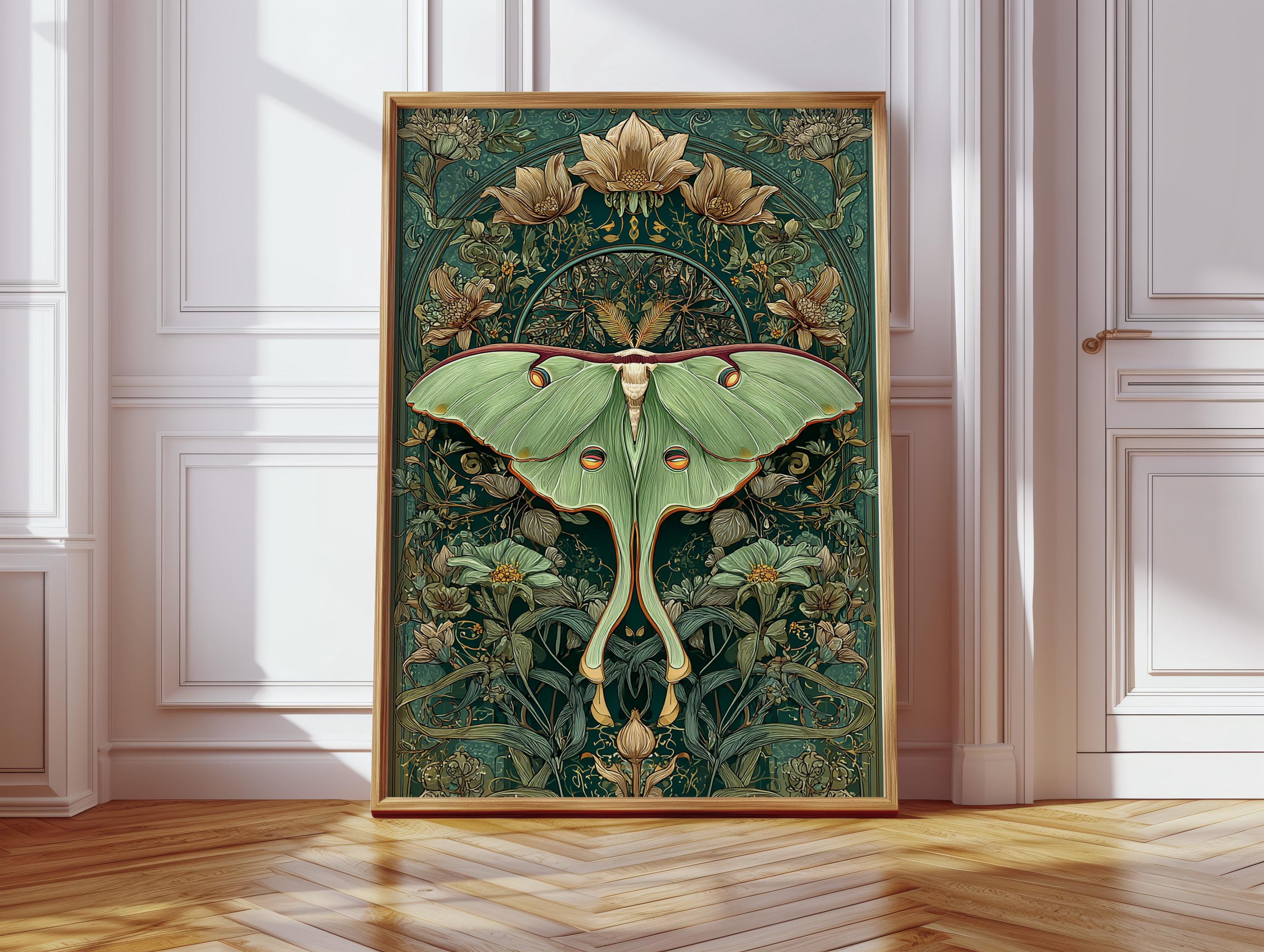 Luna Moth Canvas Wall Art With Golden Floral Accents, Mystical Green ...