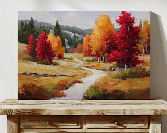 米国へのDDP、オリジナルの秋の油絵、秋の赤い森と川、道路の絵画