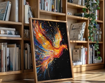 Phoenix Rising Wandkunst - Abstrakter Feuervogel in lebendigen Farben mit Splatter-Lackstil auf schwarzem Hintergrund