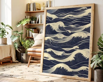Japanese Wave Pattern Canvas Art – Minimalist Ocean Linework in Navy and Cream Inspired by Traditional Woodblock Aesthetics