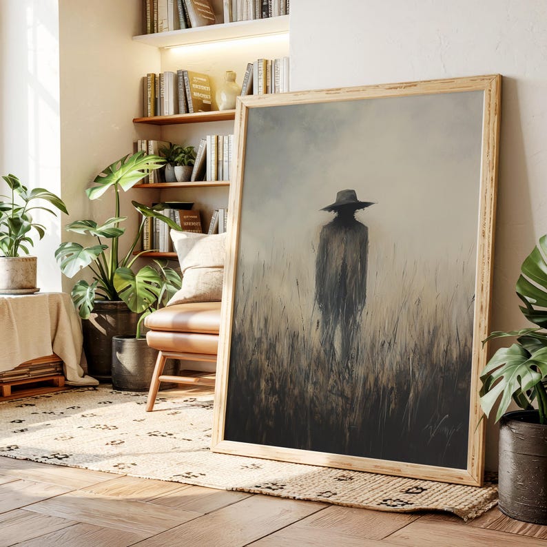 Haunting silhouette of a lone cowboy in a foggy field, this moody western canvas art evokes mystery and drama with minimalist gothic tones.