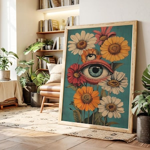 Surreal Eye in Flower Wall Art, Trippy Floral Canvas Print, Psychedelic Visionary Poster for Boho Decor or Eclectic Gallery Wall