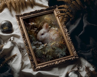 Op de afbeelding: Een goudomrand schilderij met een wit konijn te midden van wilde bloemen. Het kunstwerk ligt op witte stof. Decoratieve elementen zijn een marmeren bol, varenbladeren en een vintage zakhorloge. De lijst heeft een ingewikkeld ontwerp.
