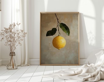 Canvastavla med citronkvist, minimalistisk väggkonst med gul frukt, rustik botanisk köksinredning, affisch med oljemålning i lantlig stil med citrusfrukter