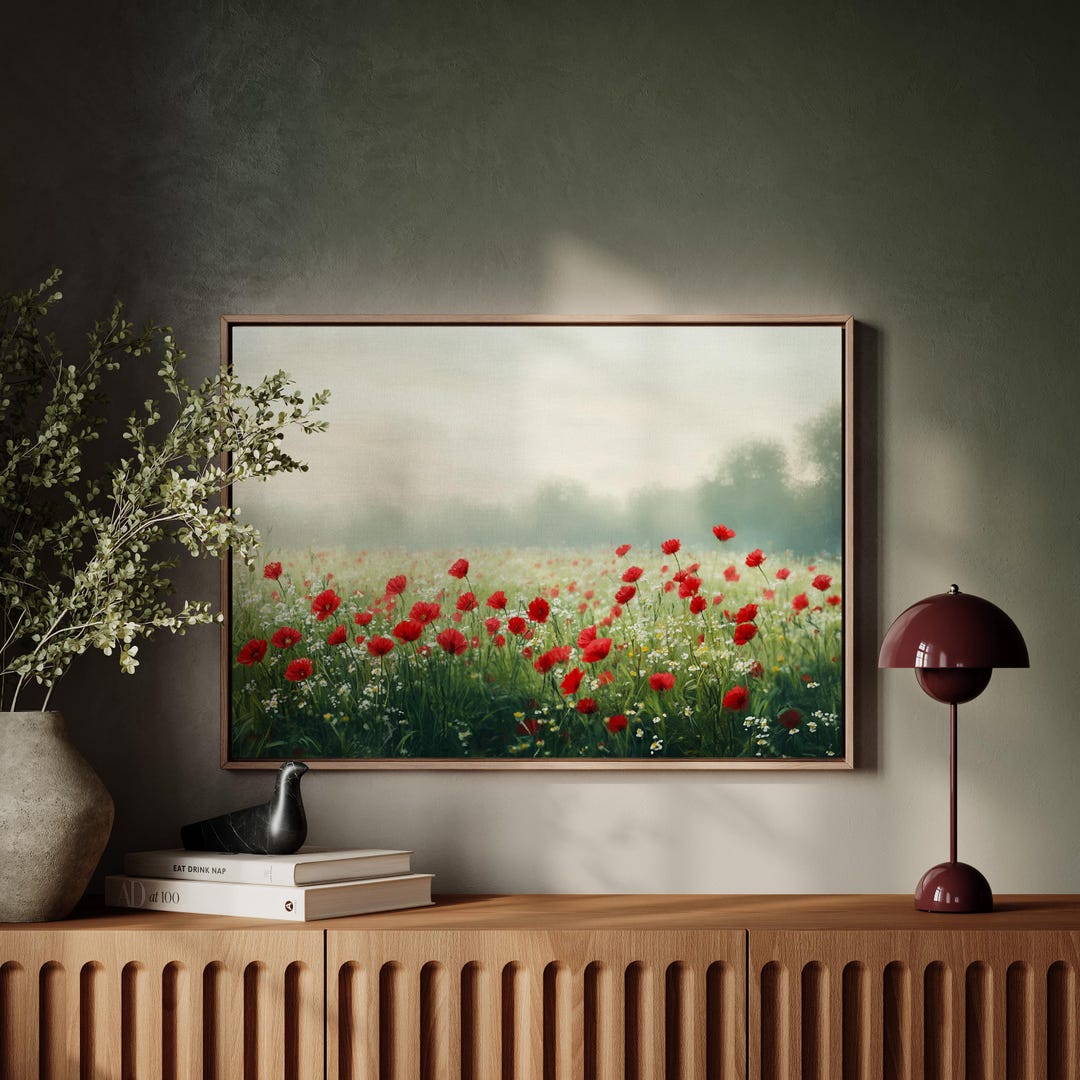 Red Poppy Field Wall Art | Romantic Wildflower Canvas Print for ...