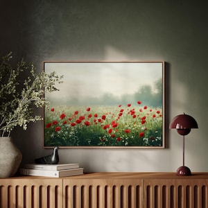 Rotes Mohnblumenfeld Kunst | Romantische Wildblumen Leinwand für Cottagecore, Bauernhaus oder Boho Frühling Blumendekor