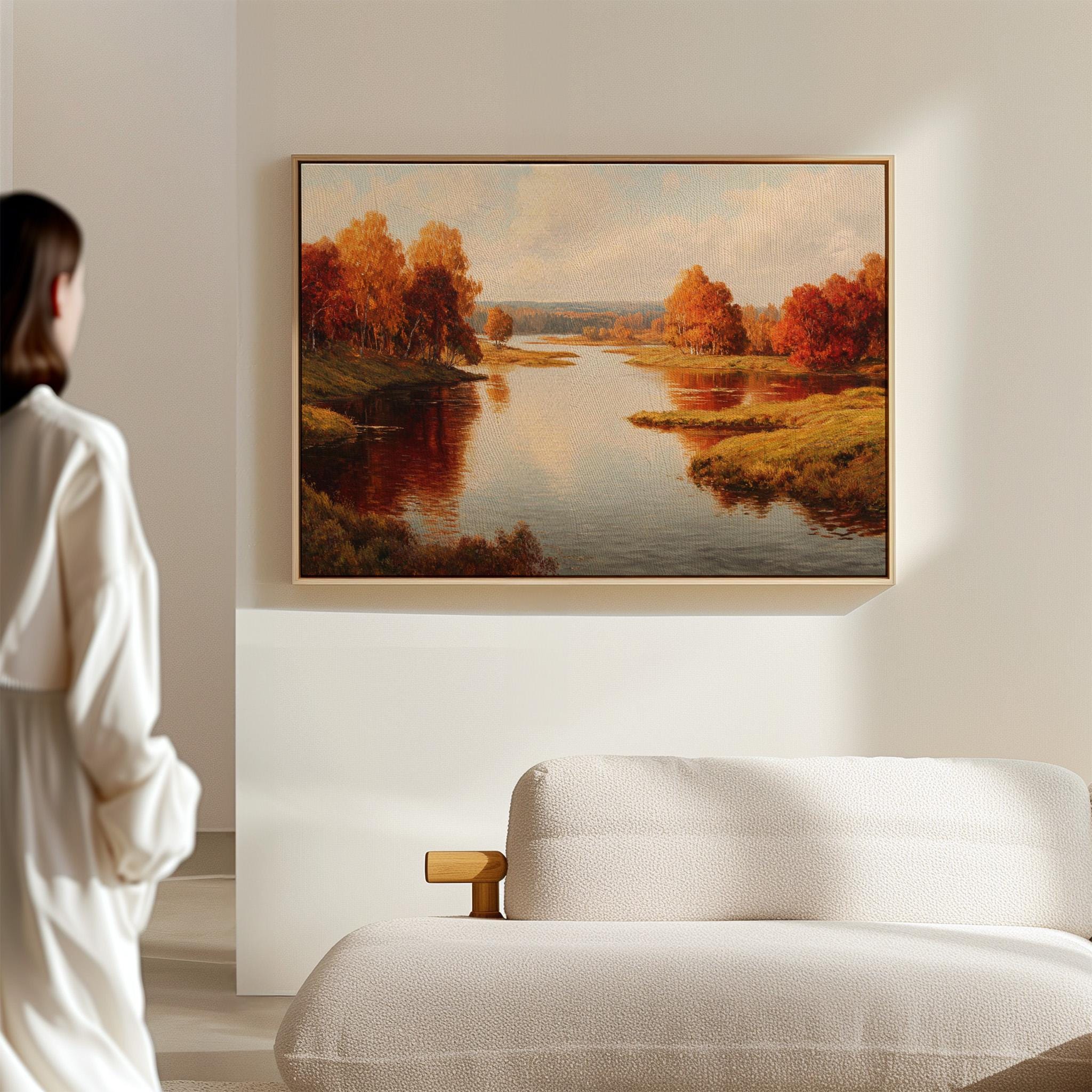 Golden Autumn River Landscape Painting, Serene Water Reflection