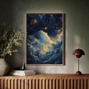 Dreamy Starry Night Sky Canvas Art - Illuminated Clouds, Gold Accents, and Celestial Beauty for Enchanting Home Wall Decor