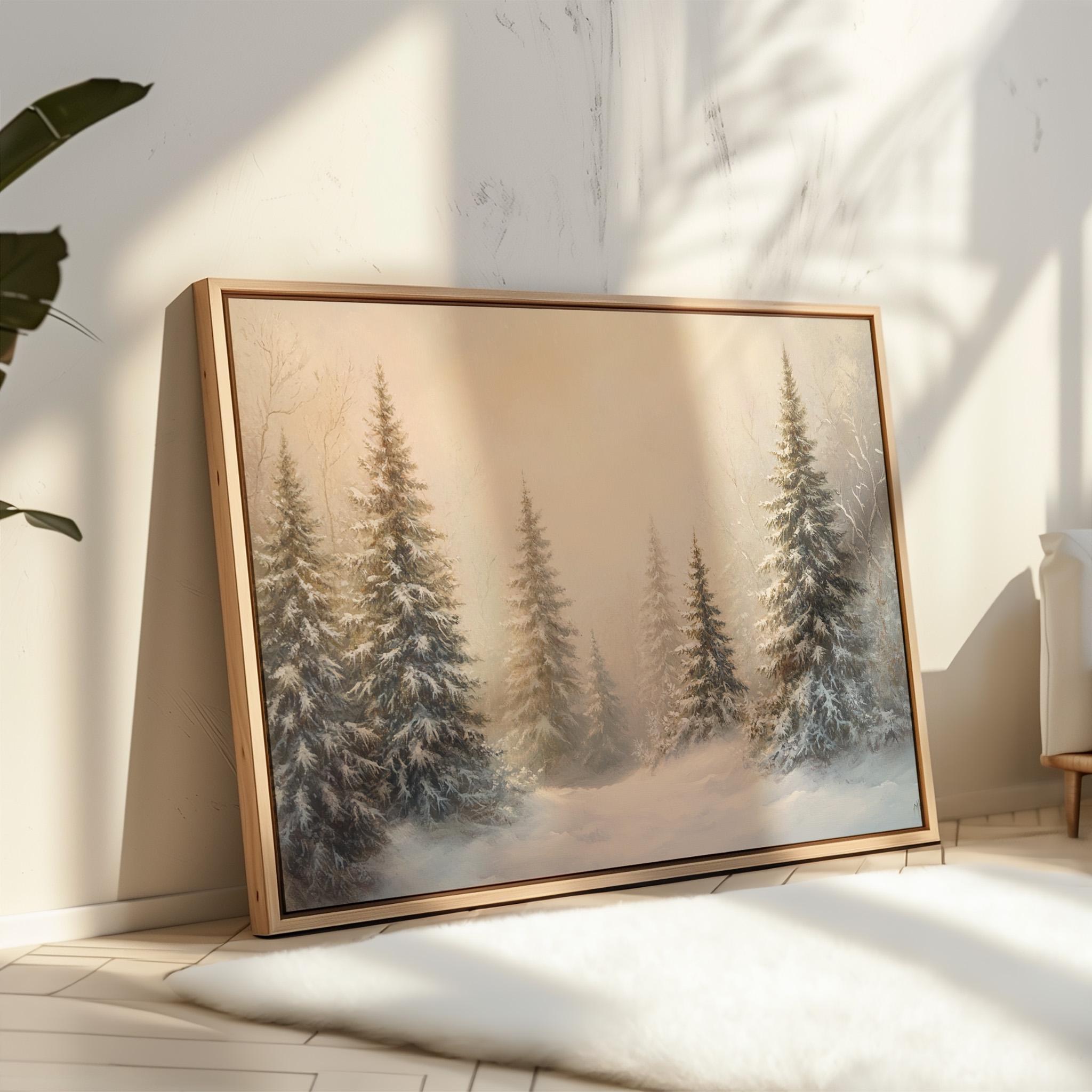 冬の雪景色の松林のキャンバスウォールアート | 霧のかかった木々と